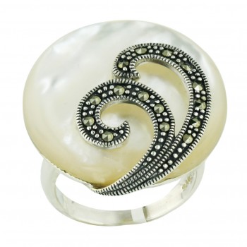Marcasite Ring 27X27mm White Mother of Pearl Round with Pave Marcasite Double S - 8