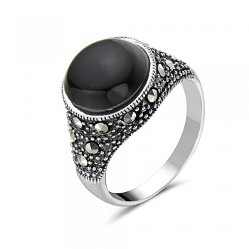 Marcasite Ring 12mm Onyx Ball with Pave Marcasite Around