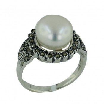 Marcasite Ring 11mm White Fresh Water Pearl with Marcasite Around - 9