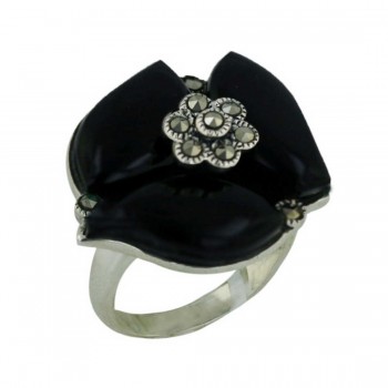 Marcasite Ring 3 Onyx with Pave Marcasite Flower Ctr