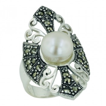 Marcasite Ring 10mm White Fresh Water Pearl with Pave Marcasite Marquis+Silver Fi