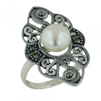 Marcasite Ring L=30mm (9mm) White Fresh Water Pearl Open F