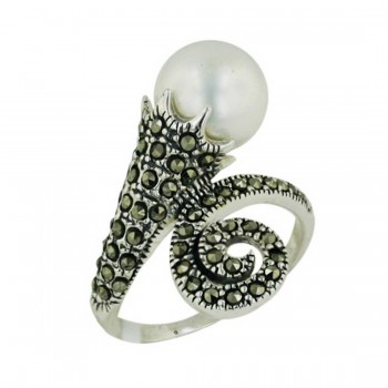 Marcasite Ring Opposite Swirl Lines+White Mother of Pearl Pearl