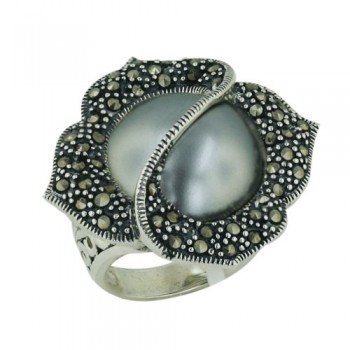 Marcasite Ring Rhombus Petals S Lines Across Gray Faux Pe