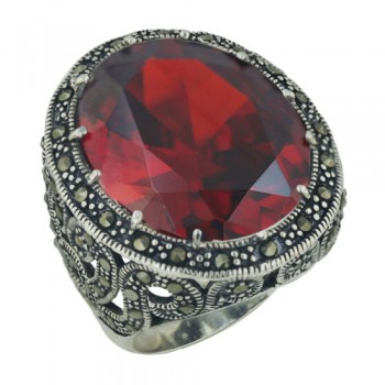 Marcasite Ring 25X20mm Oval Garnet Cubic Zirconia with Marcasite Around