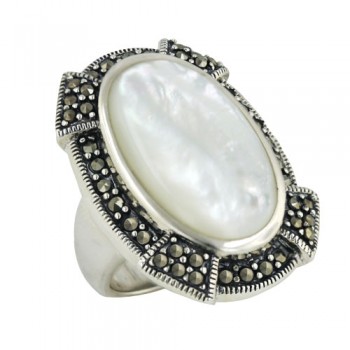 Marcasite Ring 34X24mm White Mother of Pearl Cabochon Bezel Set with Pav