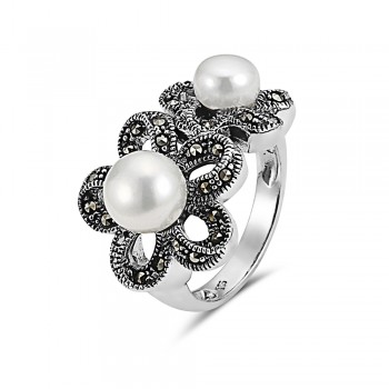 Marcasite Ring Flowers with Fresh Water Pearl Center 8mm/6mm