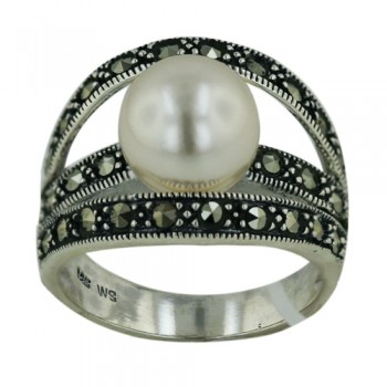 Marcasite Ring with 3 Up and Down Line with Faux Pearl