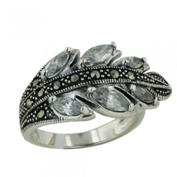 Marcasite Ring Leaf with Clear Cubic Zirconia