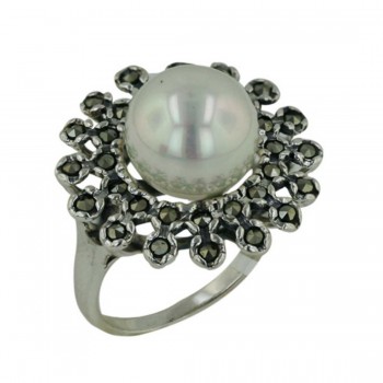 Marcasite Ring with Shell Pearl and Floral Design
