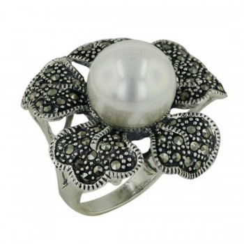 Marcasite Ring with 13mm Shell Pearlp and Marcasite Petals