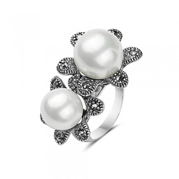 Marcasite Ring with 2 Shell Pearls with 2 Flowers