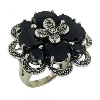 Marcasite Ring Flower with Black Cubic Zirconia and Small Marcasite Petal in