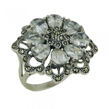 Marcasite Ring Flower 8 Clear Cubic Zirconia Petals and Mz Open Petal