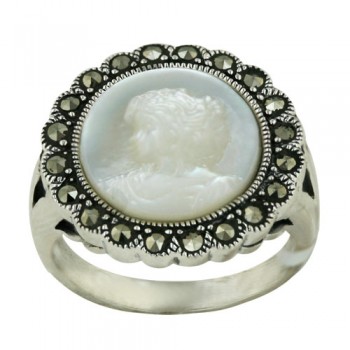 Marcasite Ring 14-14mm Round Mother of Pearl Lady Cameo with Marcasite A