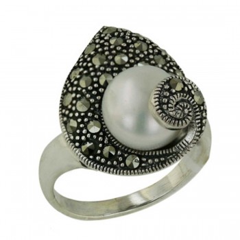 Marcasite Ring Marcasite Leaf with 10mm Fresh Water Pearl