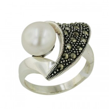 Marcasite Ring Half Open Heart Marcasite with 10mm Fresh Water Pearl