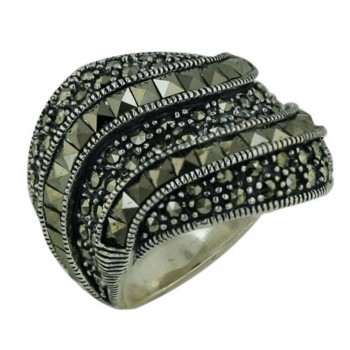 Marcasite Ring Pave Wavy Horizontal Lines Alternating Rou