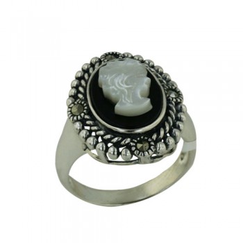 Marcasite Ring Cameo of Woman Mother of Pearl/Onyx