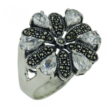 Marcasite Ring 6 Petals Flower with Clear Cubic Zirconia