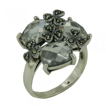 Marcasite Ring Four Three Clovers with Faceted Clear Cubic Zirconia
