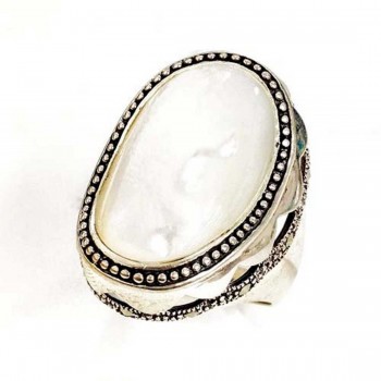 Marcasite Ring 21X14mm Mother of Pearl Oval Marcasite on Side