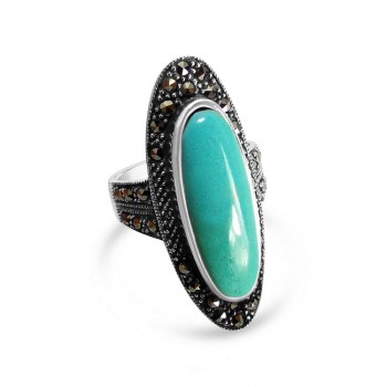 Marcasite Ring 8X21.5mm Turquoise Oval Marcasite on Side
