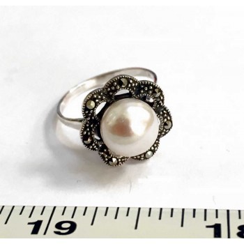 Marcasite Ring Marcasite Flower 9Mm Fresh Water Pearl