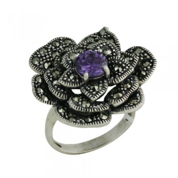 Marcasite Ring Marcasite Rose with 6.5mm Amethyst Center
