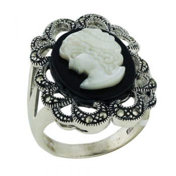 Marcasite Ring 14X18.5mm Black/White Cameo with Marcasite R