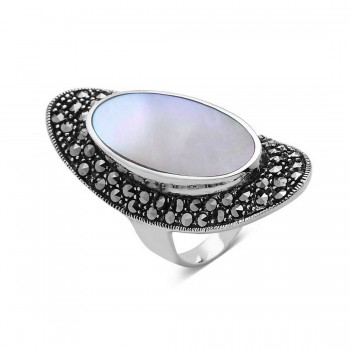 Marcasite Ring 11.5X27mm Mother of Pearl Oval Center Marcasite Surro