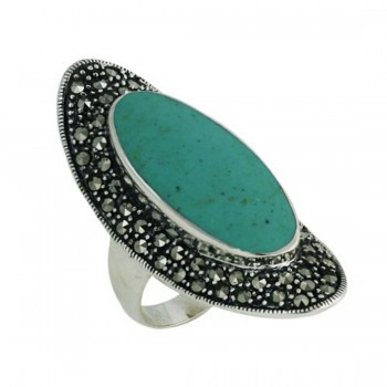 Marcasite Ring 11.5X27mm Turquoise Oval Center Marcasite Surro