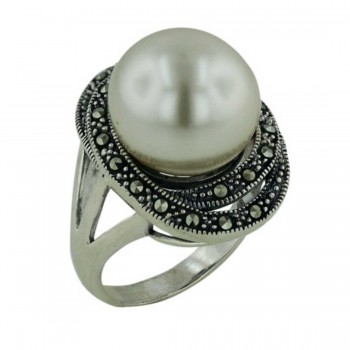 Marcasite Ring 14mm Pearl Center on Top of Two Marcasite