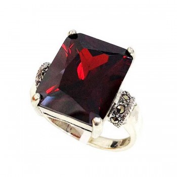 Marcasite Ring 12X15mm Rectangle Garnet Cubic Zirconia