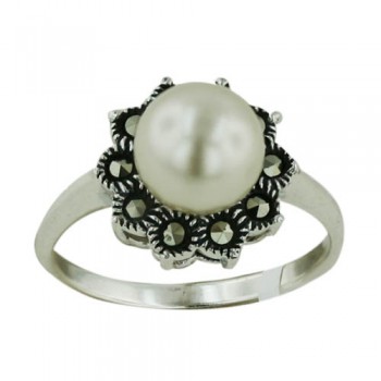 MS Ring Flower 8Mm Pearl Center Marcasite Petal