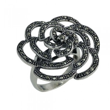 MS Ring Open Flower Marcasite Paved