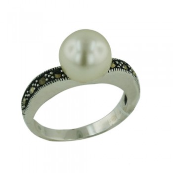 MS Ring 10Mm Pearl On Thin Marcasite Band