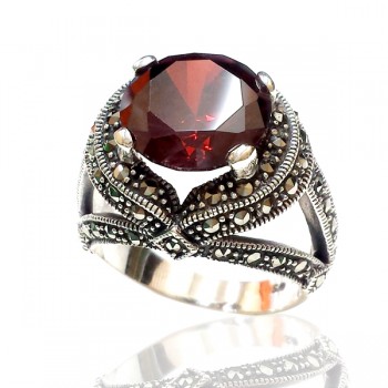 Marcasite Ring Garnet Cubic Zirconia Marcasite Side Lines Criss