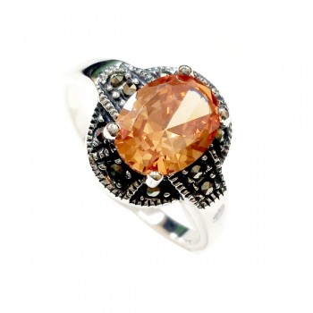 Marcasite Ring Oval Champagne Cubic Zirconia Upright