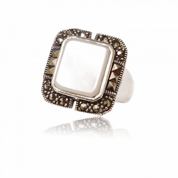 Marcasite Ring Mother of Pearl Square Square Marcasite Sides