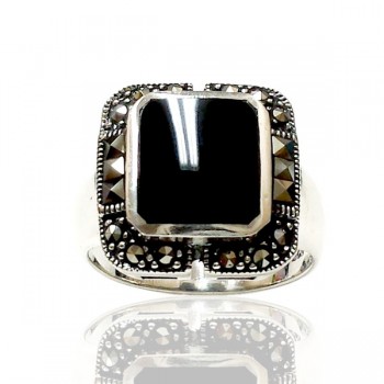 Marcasite Ring Octagon Black Onyx Square Square Marcasite Sides