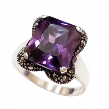 MS Ring 10X12Mm Rect. Amethyst Cz W/ Ms Lines