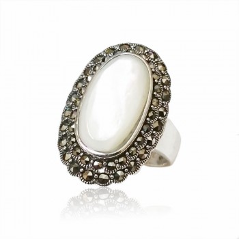 Marcasite Ring 26X17mm Oval Mother of Pearl Center with Marcasite Around