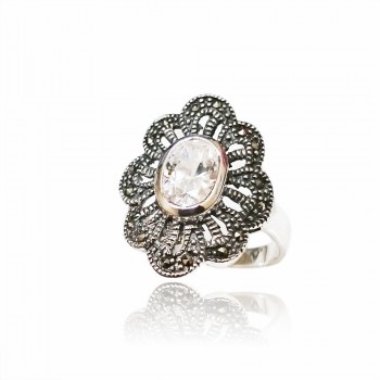 Marcasite Ring 10X8mm Oval Clear Cubic Zirconia with Flower Marcasite Around
