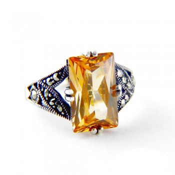 Marcasite Ring Chamapagne Cubic Zirconia Rectangular Fork Shape