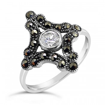 Marcasite Ring Cross Shape Round Clear Cubic Zirconia Center
