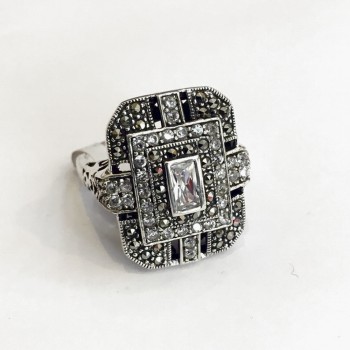 Marcasite RING ART DECO OCTAGON  RECTANGULAR CLEAR Cubic Zirconia