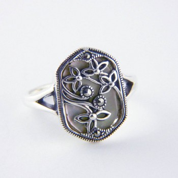 Marcasite RING HEXIGON Mother of Pearl BASE WITH MARCASITE AND FLOWER