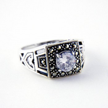 Marcasite RING SQUARE SHAPE ROUND CLEAR Cubic Zirconia CENTER CUTOUT