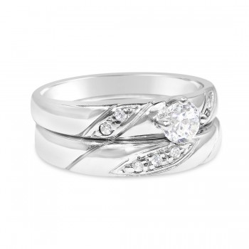 Sterling Silver Ring Engagement 6mm Clear Cubic Zirconia Solitaire with Cubic Zirconia Slante